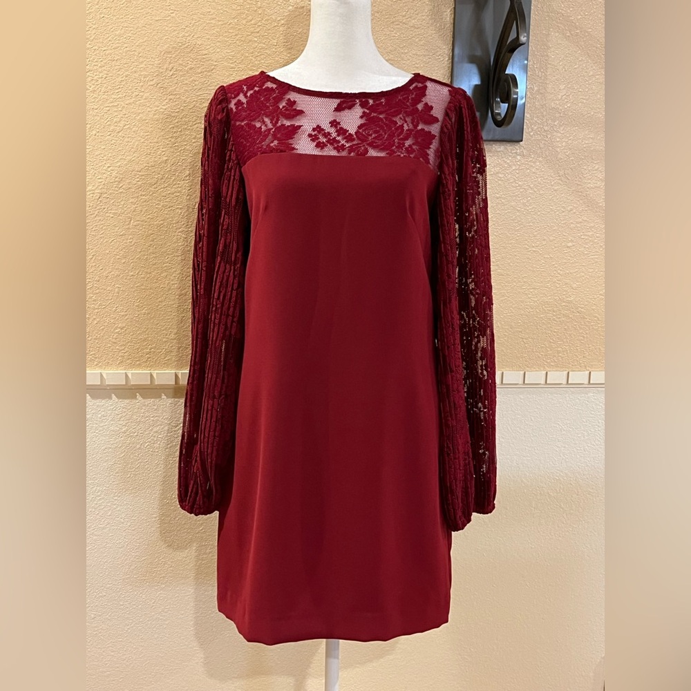 White House Black Market burgundy dress w/ pleated lace sleeves & neckline. S - Picture 3 of 14